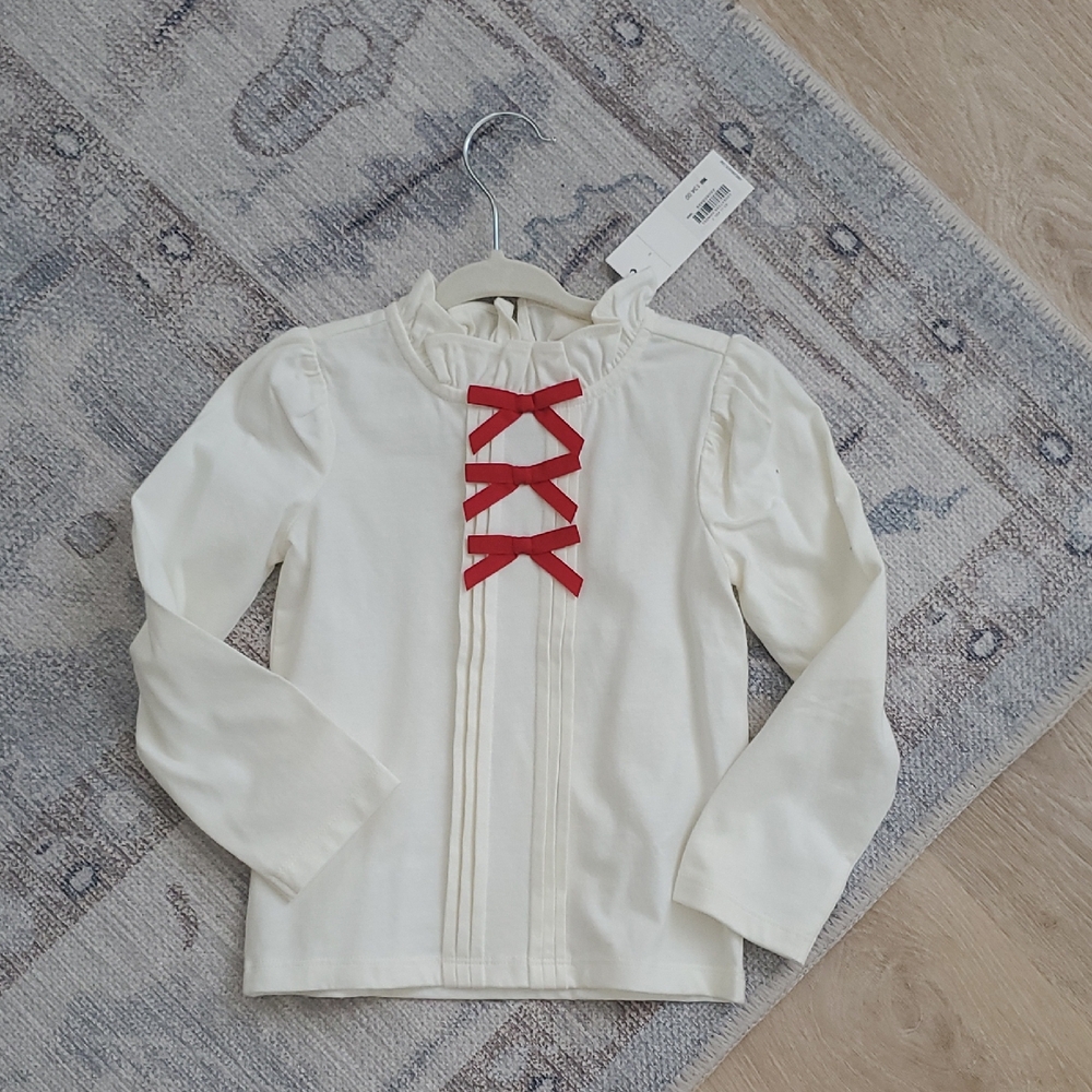 NWT Janie and Jack Toddler Girls Ivory Red Ruffle Collar Bow Top Shirt Sz3